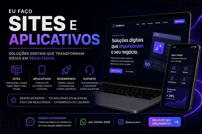 faço sites e aplicativos em geral, tudo que envolve digital e crescimento na internet!