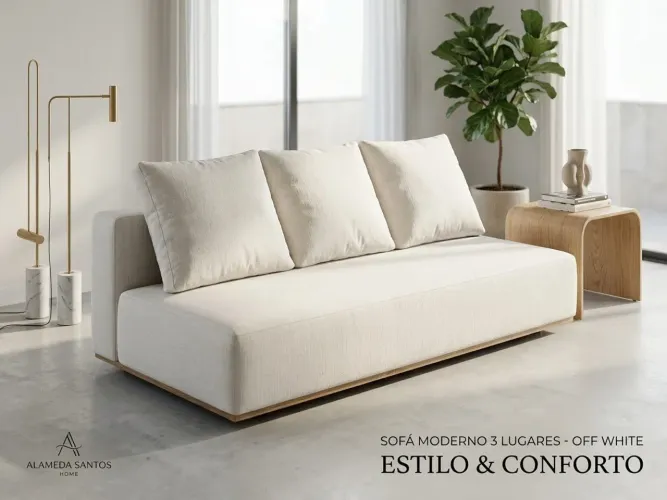 Sofá 3 Lugares Off-White Design Moderno com Almofadas Soltas