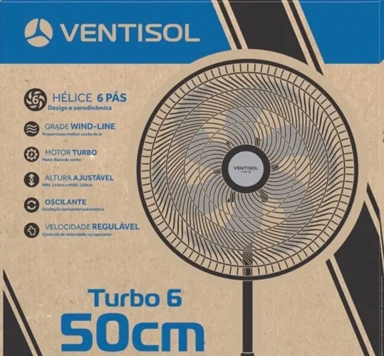 Ventilador de coluna oscilante Ventisol Turbo premium 50cm preto 220v 3 velocidades 6 pás