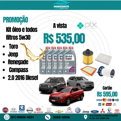 Kit óleo e todos filtros 5w30 Toro Jeep Renegade Compass 2.0 2016 diesel