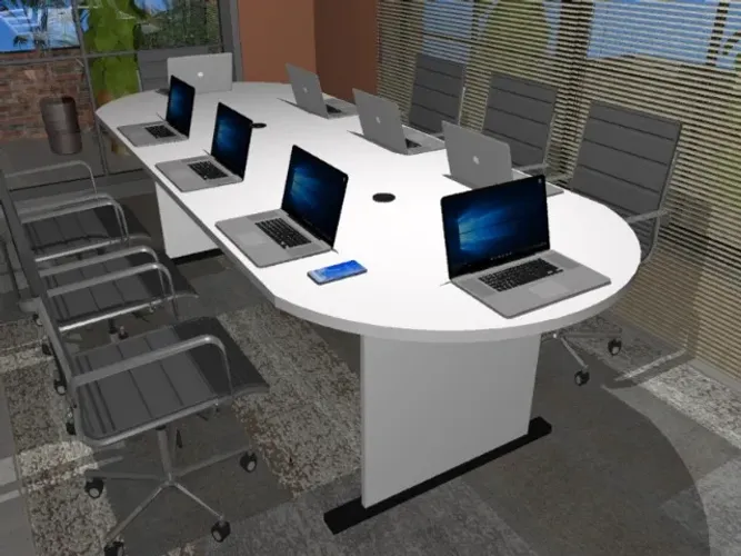 Mesa de Reunião Oval Base Em Madeira Maciça com MDF: L240cm x L90cm x A74cm.