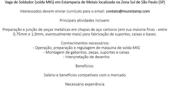 Soldador MIG de chapas metálicas em Estamparia de Metais (SP)