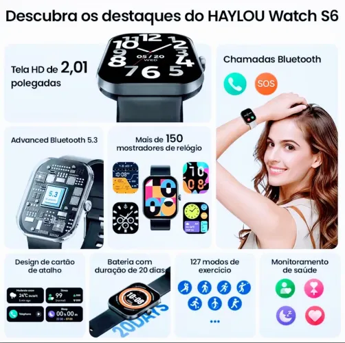 Haylou Watch S6 - Tela HD, Bluetooth 5.3, Bateria de até 20 dias e Proteção contra água.