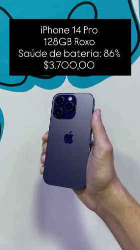 iPhone 14 Pro / 128GB / Roxo / Saúde de bateria 86% / R$ 3.700,00