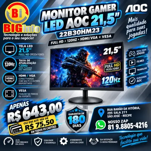 Monitor 21,5 Aoc Fhd 22b30hm2 Gaming Widescreen Va Vga Hdmi  - Em ate 10x Fixas 