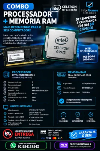 Processador Celeron DDR4 + Memória Ram ddr4 4GB