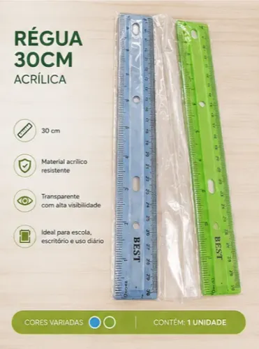 2 Régua de Acrílico 30 cm Cristal - Cores Vibrantes (Verde e Azul)