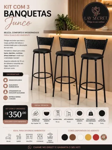 Kit 3 banquetas em modelo Junco Novas