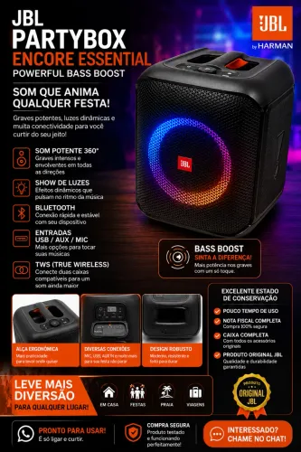 JBL PartyBox Encore Essential - Caixa Completa com Nota Fiscal - Estado de Nova