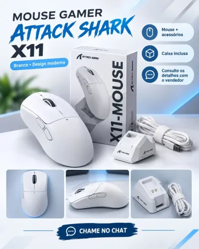 Mouse Gamer Attack Shark X11 Branco com Base de Carregamento e Acessórios