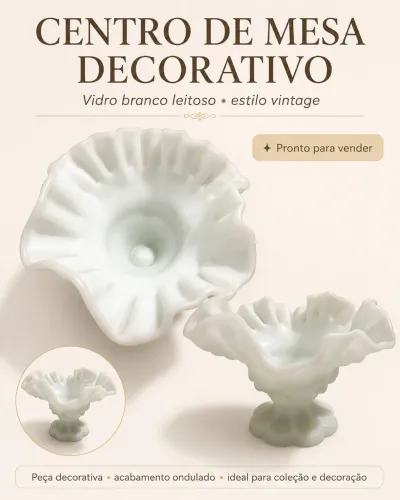 Centro de mesa decorativo em vidro branco leitoso estilo vintage