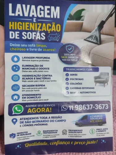 Limpeza e higienização de sofás, poltronas, colchões, bancos automotivos. 