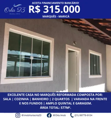 MARQUÊS ORLA 23 IMOBILIÀRIA VENDE! ÓTIMA CASA COM 2 QUARTOS PRÓXIMO AO CENTRO DE MARICÁ.
