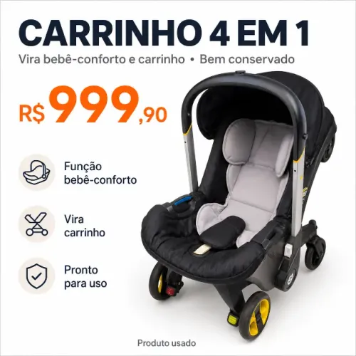Carrinho 4 em 1 Bebê Conforto que Vira Carrinho Rodas Integradas