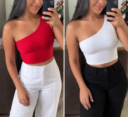 top cropped um ombro forrado poliamida. tamanho g. As duas por esse valor