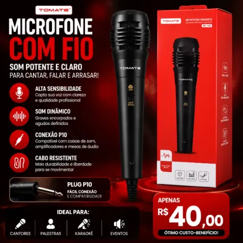 Microfone Tomate MT-100 Profissional com Fio P10