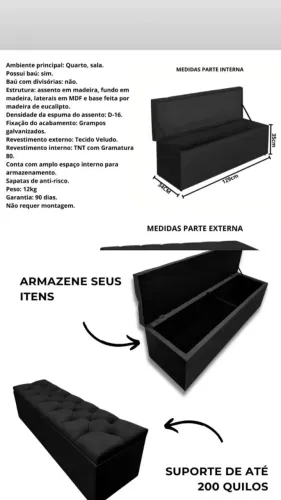 Baú Divã Puff Captonê Preto