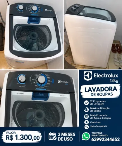 Máquina de lavar, mesa de jantar e televisão