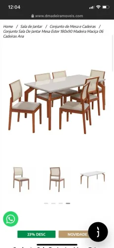 Conjunto Sala de Jantar 180x90 Madeira Maciça off white 6 cadeiras com detalhe em linho