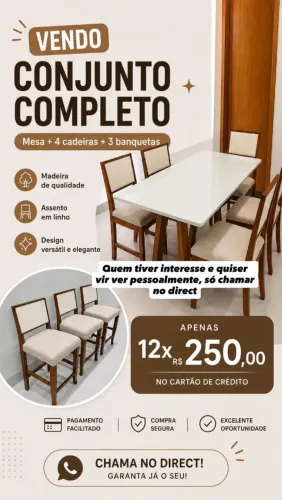 Conjunto Mesa maciça com 4 cadeiras e 3 banquetas em madeira maciça