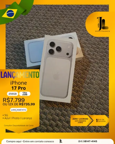 IPHONE 17 PRO, 5G, 256GB, CHIP ESIM, LACRADO, LANÇAMENTO!