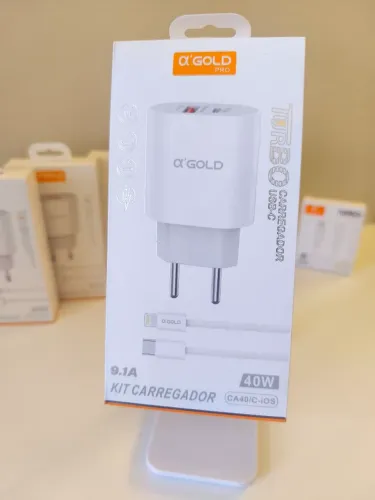 Kit carregador TURBO 40W Tipo C para Lightning (iPhone) fonte com 2 entradas usb e tipo C