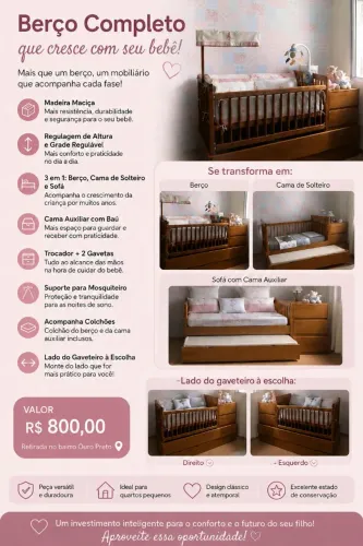 Berço que vira cama, com cama auxiliar 3 em 1