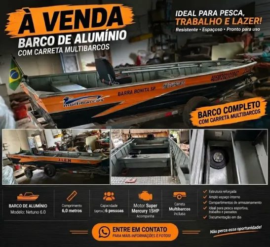 Barco, Carretinha e Motor 15hp Super Mercury