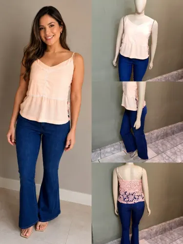Camiseta rosa alcinha + calça jeans flare 44