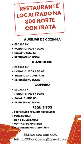 vaga de emprego para copeiro, cozinheiro e auxiliar