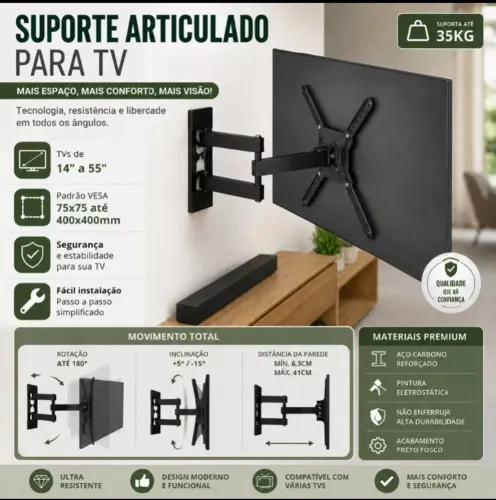 Suporte Parede Smart TV Ajustável Articulado Universal Preto Reforçado
