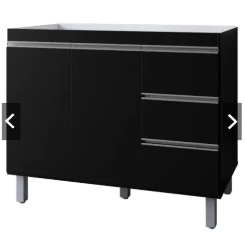 Balcão de Pia 100 cm Preto (2 portas, 3 gavetas)