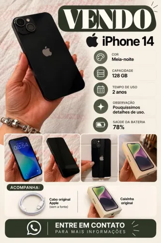 iPhone 14 128GB Preto Meia-Noite - Caixa e Acessórios Originais