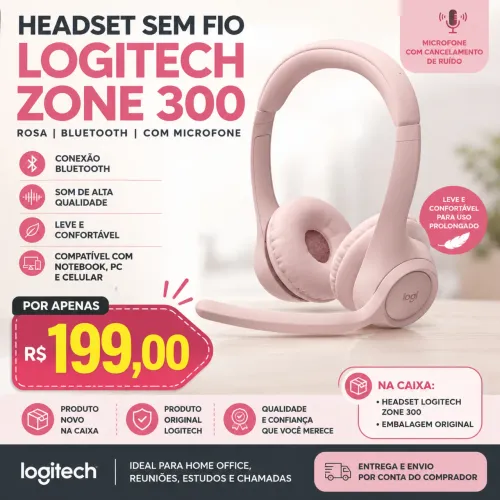 Headset Sem Fio Logitech Zone 300 Rosa Bluetooth com Microfone