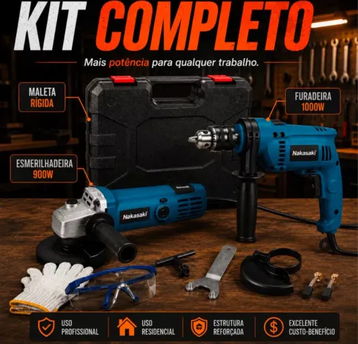 Kit Furadeira de Impacto 1000W + Esmerilhadeira 900W + Acessórios (110V) - NOVO