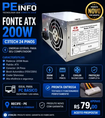 Fonte ATX 200W C3Tech 24 Pinos Nova Para PC (Barato)