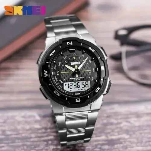 Relógio Skmei Dual Time Analógico Digital Aço Inox Bisel Preto