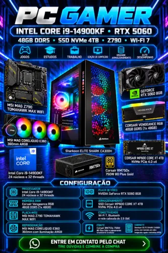 PC Gamer Intel Core i9-14900KF RTX 5060 48GB DDR5 SSD NVMe 4TB Z790 Wi-Fi 7
