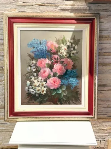 Quadro Natureza-Morta com Flores - Pintura em Tela com Moldura Clássica