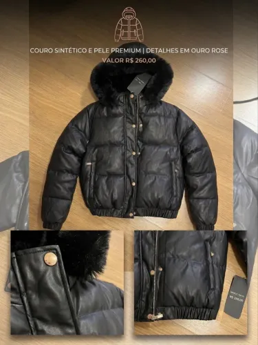 Jaqueta Puffer Couro Sintético Premium e Pele com Detalhes Ouro Rose