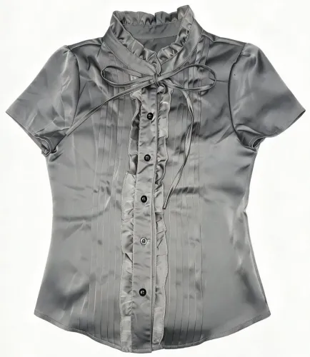 Blusa Feminina Social de Cetim Cinza com Laço e Babados