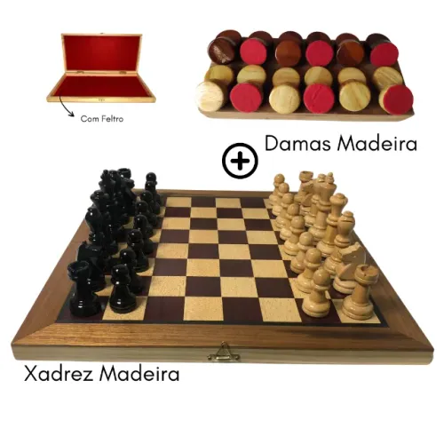 Jogo de Xadrez/ Damas Tabuleiro Dobrável Marchetado com Peças de Xadrez e Damas em Madeira