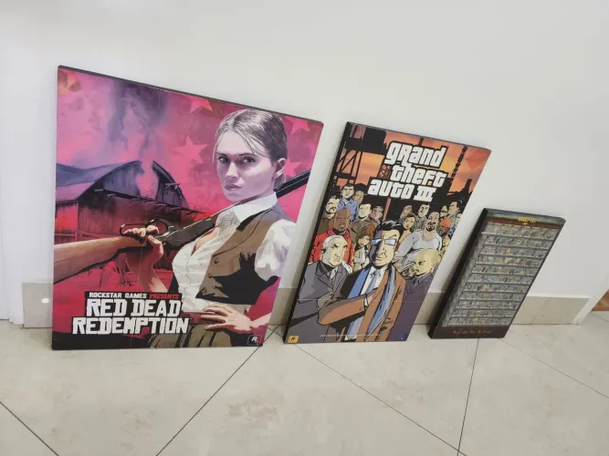 Trio Quadros Gamer jogos Red Dead Redemption, Vault-Tec Fallout e Grand Theft Auto III