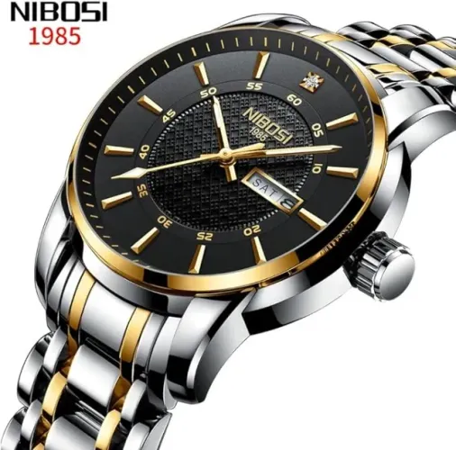Relógio de quartzo luminoso Nibosi 2381 com calendário de luxo sobre fundo prata/dourado
