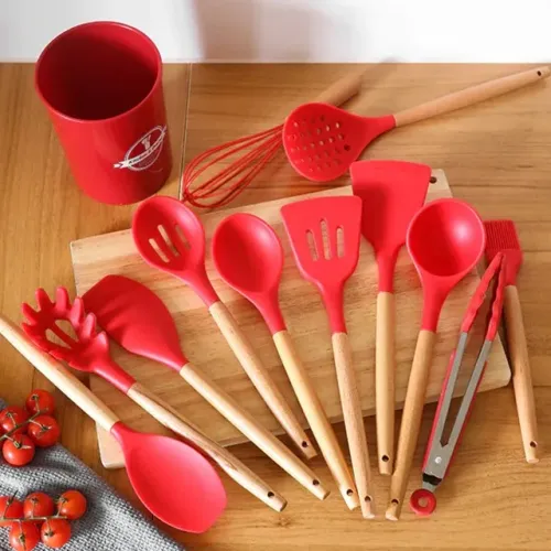 Kit Colher Silicone Cabo Madeira - 12 pçs - Não derrete