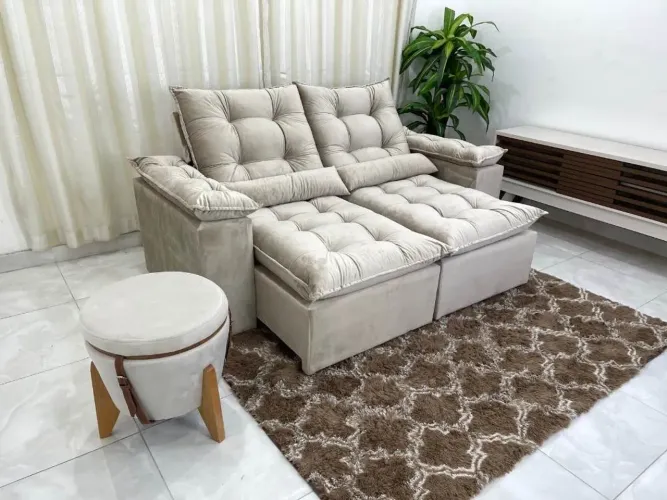 Sofá Retrátil Reclinável 2,00m Veludo Bege OFERTA l32