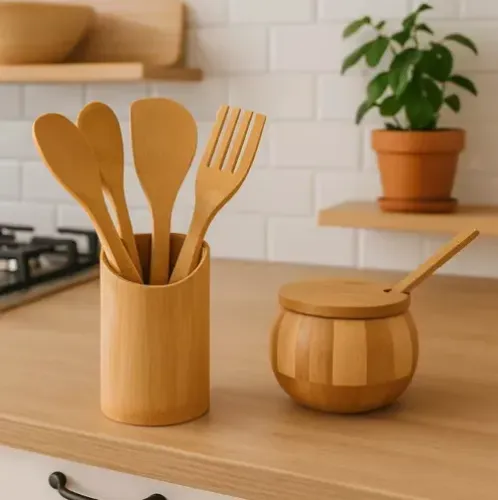 Kit 5 Utensílios De Cozinha Em Bambu + Açucareiro Com Colher