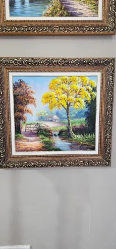 Decoração, Quadro paisagem artista J.Fernando moldura dourada