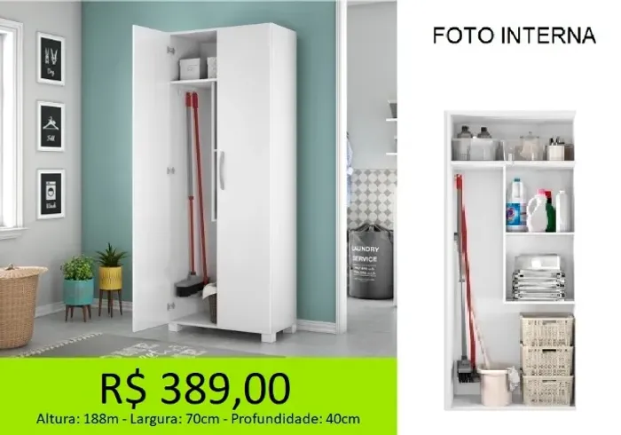 Armário multi uso de lavanderia com espaço para vassouras - Compre hoje e retire hoje! 