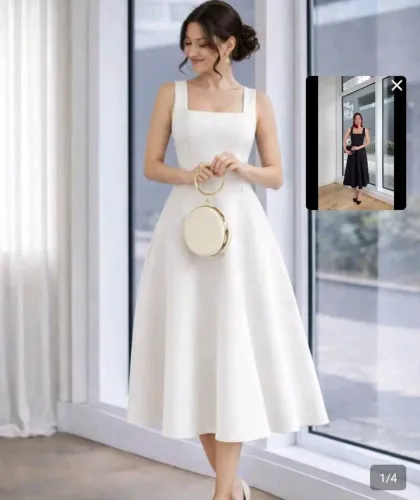 Vestido Midi Feminino branco com Decote Quadrado e Cintura Marcada